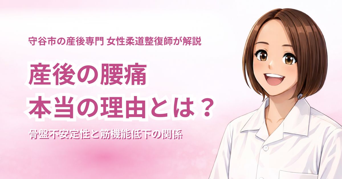 守谷市で産後腰痛の原因を解説する女性柔道整復師のイラスト。骨盤不安定性と筋機能低下をテーマにしたアイキャッチ画像。
