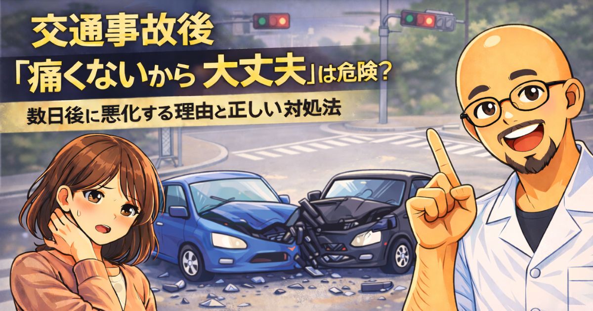 守谷市で交通事故後に痛みがなくても危険性を解説する男性柔道整復師のアイキャッチ画像。