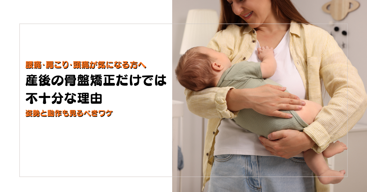 産後の骨盤矯正だけでは不十分な理由と姿勢や動作の重要性を解説する守谷やまゆり鍼灸整骨院のブログアイキャッチ画像