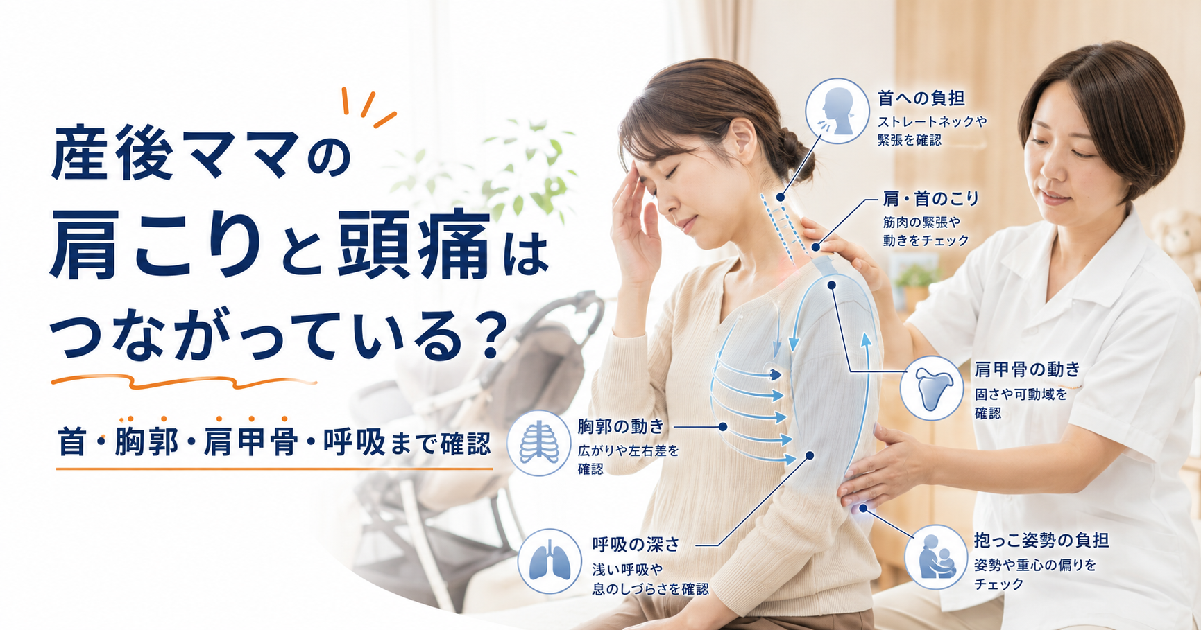 守谷やまゆり鍼灸整骨院で産後ママの肩こりと頭痛を姿勢分析と動作分析で確認している様子