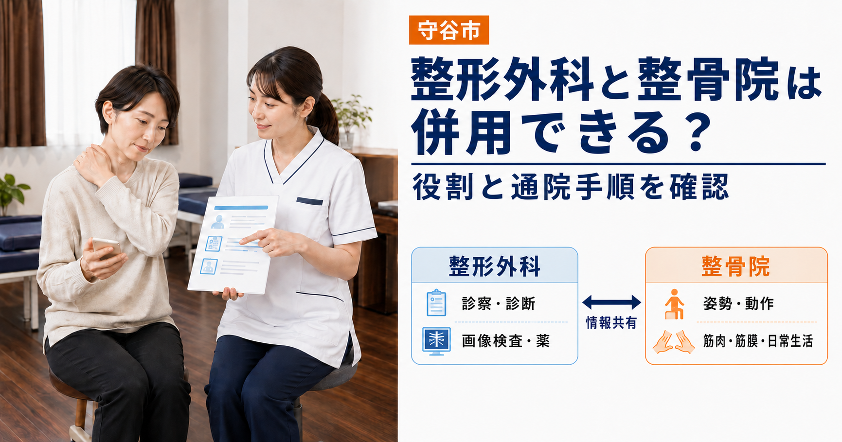 交通事故後の通院先に迷う患者へ、女性施術者が整形外科と整骨院の役割を説明している様子